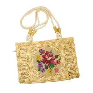 1970s Vintage Floral Cross Stitch Woven Embroidered Crossbody Basket Wicker Bag